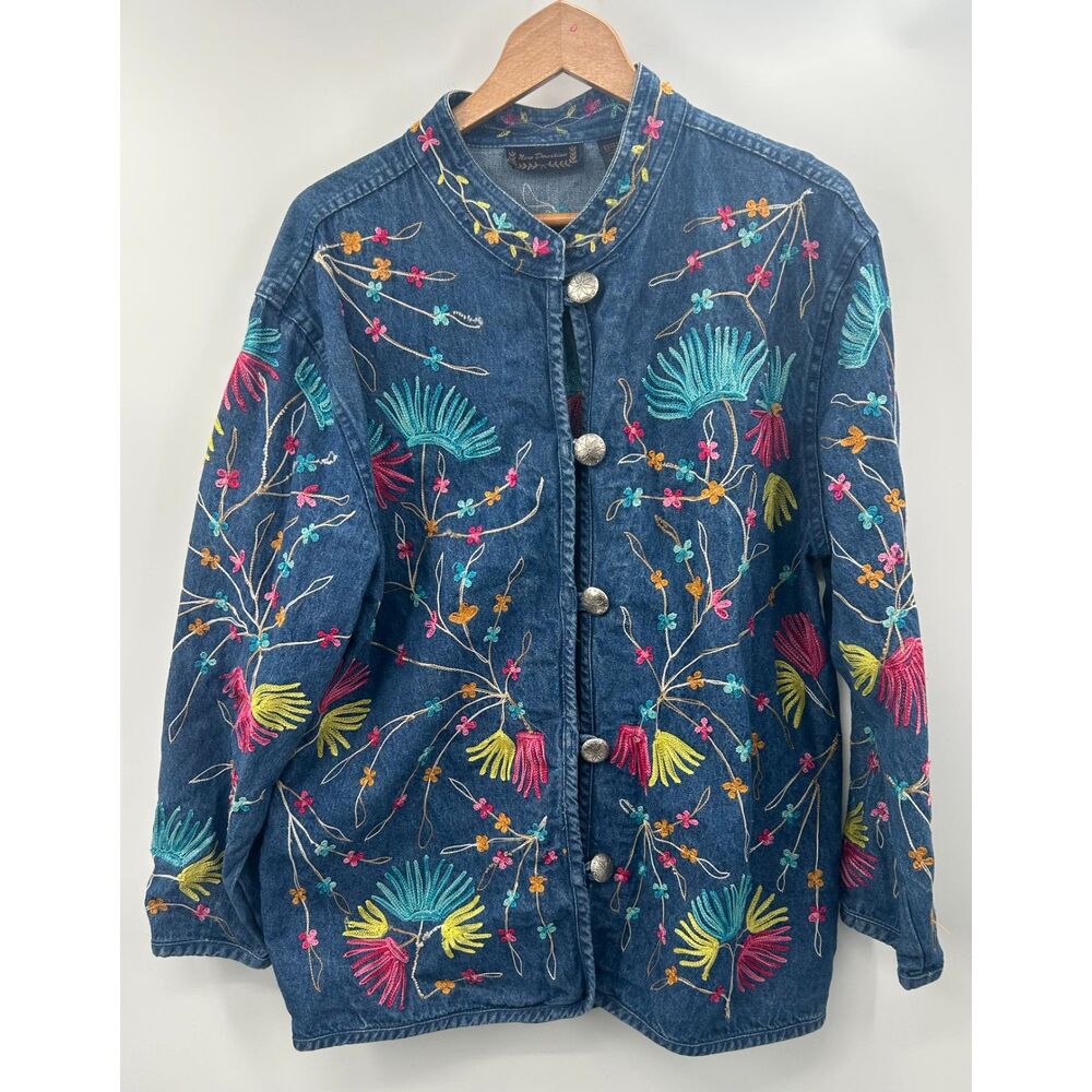 Vintage Floral Embroidered Denim Jacket Women XL Western Blue Jean Grannycore